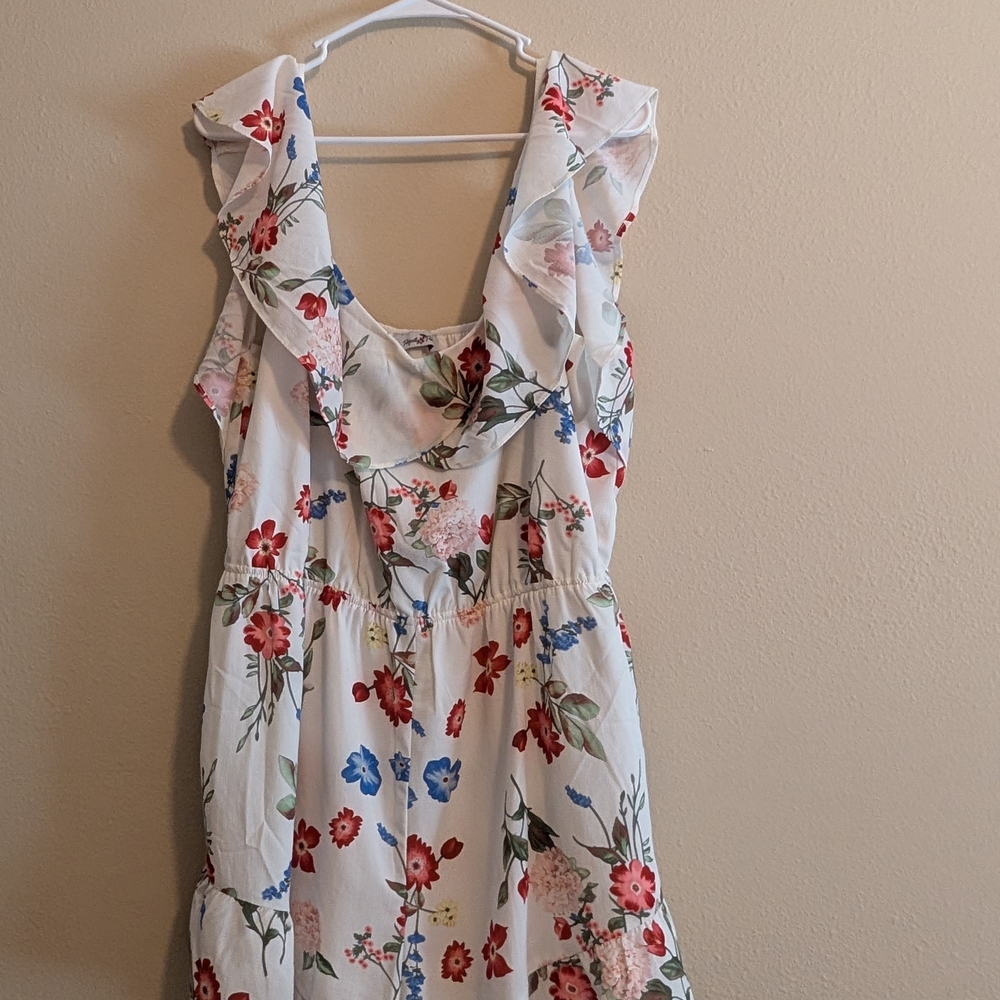 Chic Floral Sleeveless Dress with Ruffle Neckline